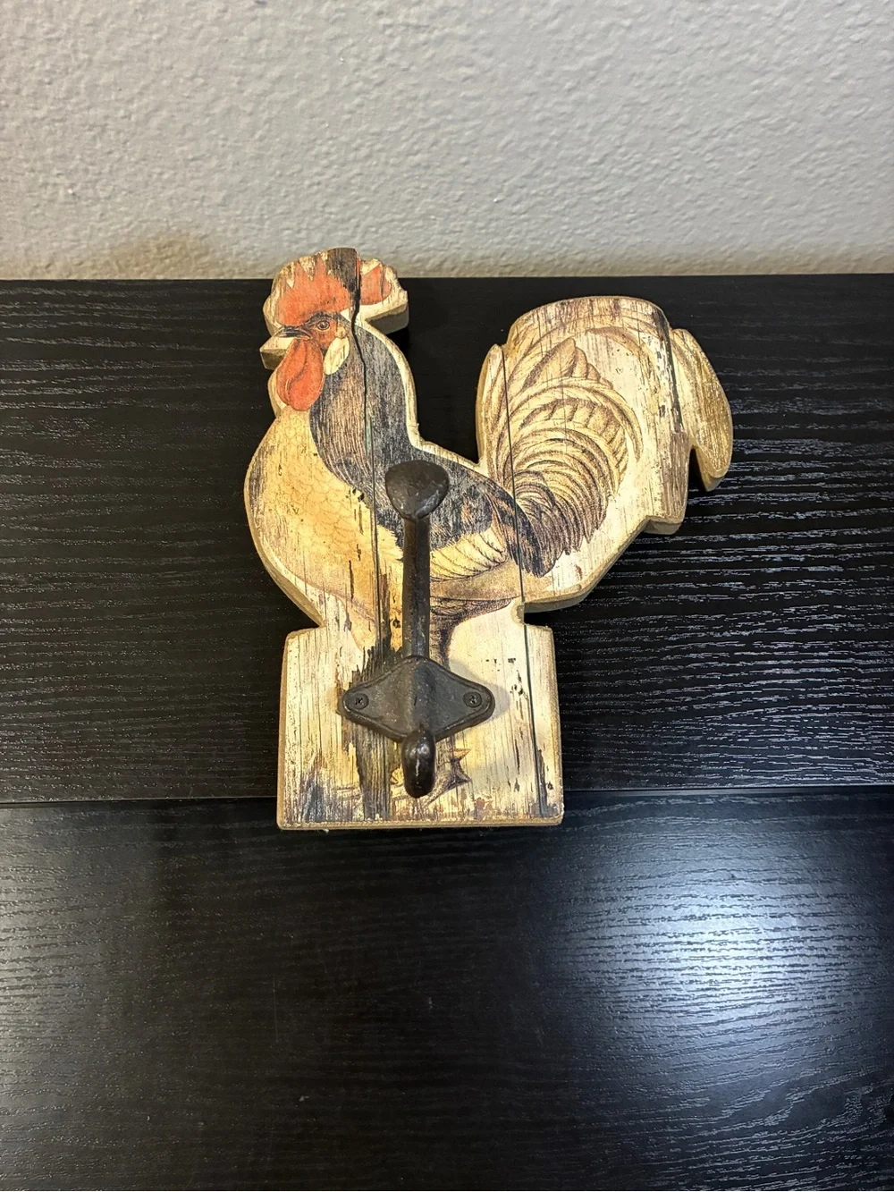 Vintage Rooster Folk Art Wall Hook Weathered Farm House Style